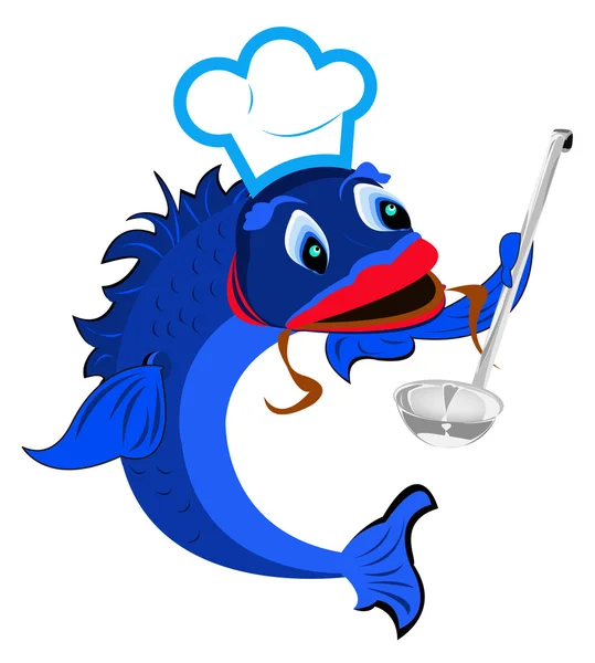 Fresh fish Chef with big spoon.Vector illustration — Stock Vector