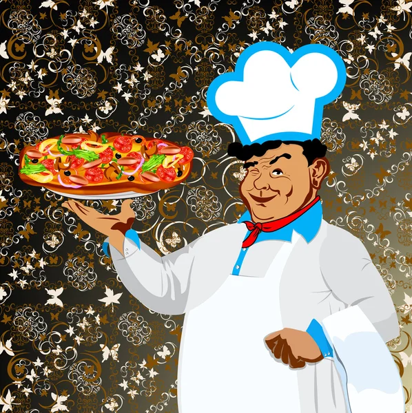 Lustiger Koch und italienische Pizza bestes Essen für Feinschmecker — Stockfoto