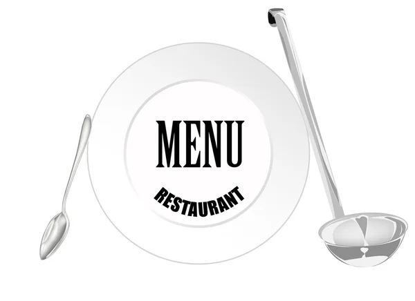 Menü-Café. Teller und Löffel auf weißem Hintergrund — Stockfoto