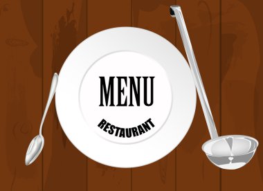 Menü café.plate ve karanlık bir tahta kaşık arka plan doku