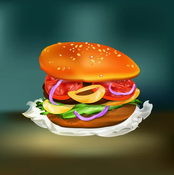 Hamburger mit Tomaten, Salat, Zwiebeln und Fleisch.Fast Food Vektor — Stockvektor