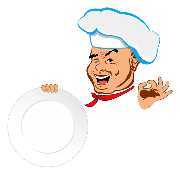 Happy joyful Chef and big plate.Face Chef.Restaurant business. — Stock Photo, Image