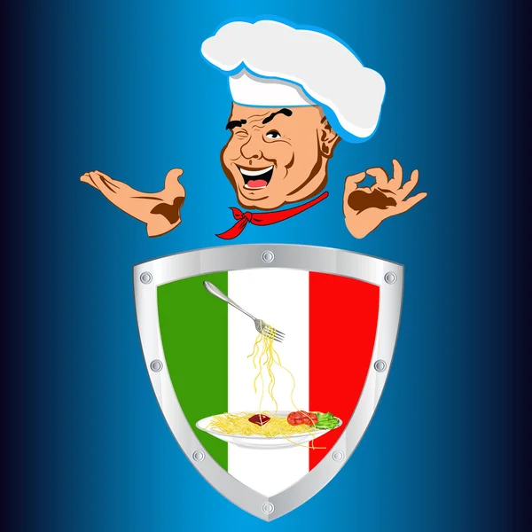 Chef alegre feliz y comida tradicional italiana — Foto de Stock