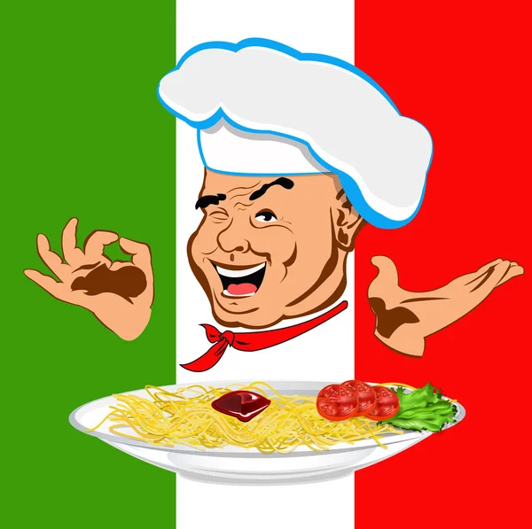 Happy joyful Chef and traditional Italian spaghetti. Vector — Stock Vector