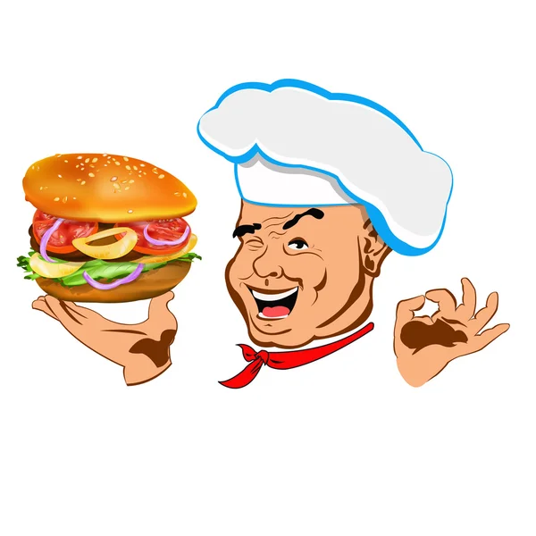 Chef y hamburguesa grande.Cara Chef.Restaurante de negocios. Vector — Archivo Imágenes Vectoriales