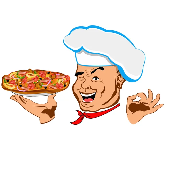 Chef y gran pizza.Face Chef.Restaurante de negocios. Vector — Vector de stock