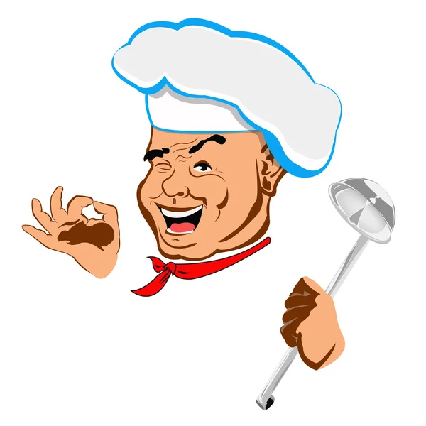 Happy joyful Chef and big spoon.Face.Restaurant business. Vector — Stock Vector