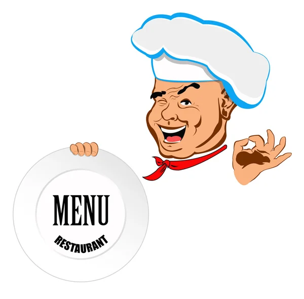 Gelukkig vreugdevolle chef-kok en grote plate.face chef.restaurant bedrijf. vector — Stockvector