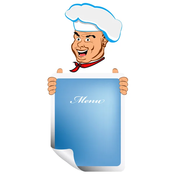 Feliz Chef alegre e projetar o seu menu.Vector — Vetor de Stock