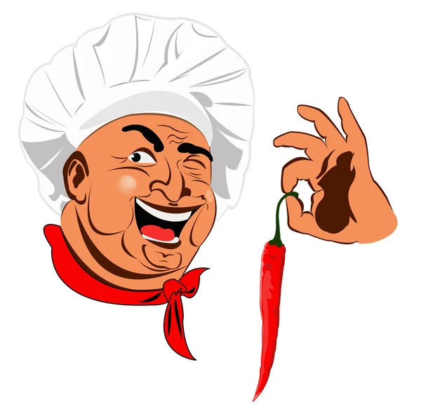 Grappige chef-kok en pittige branden rode chili peper — Stockfoto