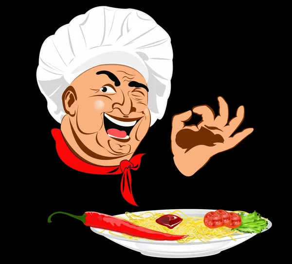 Grappige chef-kok en traditionele Italiaanse spaghetti met branden rode chili peper — Stockvector