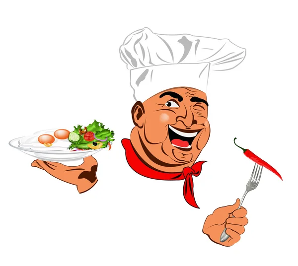 Funny Chef and best vegetarian vegetable fresh salad with scrambled eggs — Stock Photo, Image