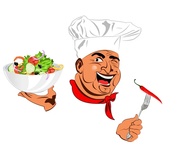 Funny Chef and best vegetarian vegetable fresh salad — Stock Photo, Image