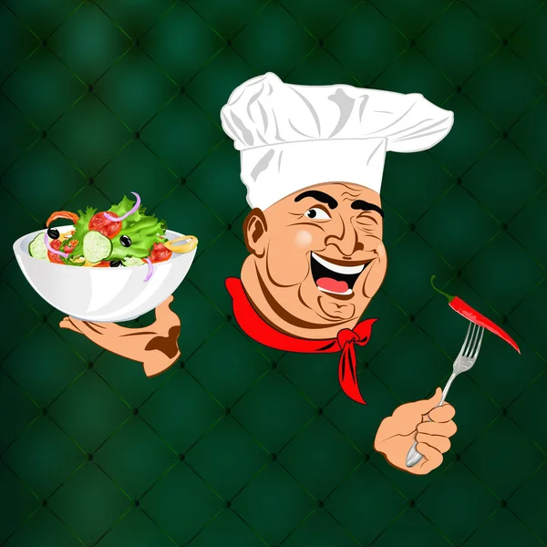 Funny Chef y la mejor ensalada fresca de verduras vegetarianas.Vector — Archivo Imágenes Vectoriales