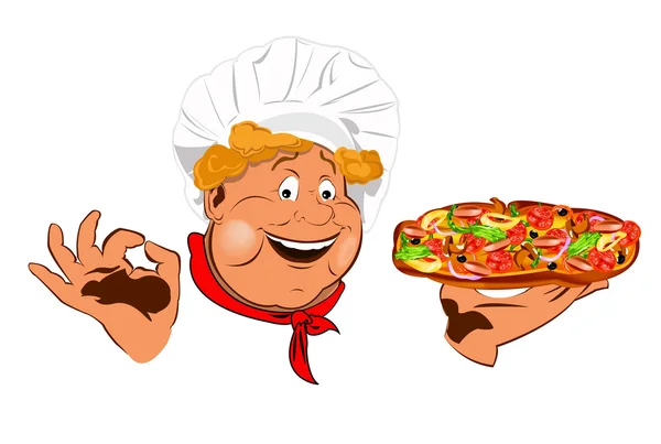 Funny Chef and best big traditional Italian pizza — Stock Photo, Image