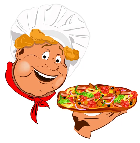 Grappige chef-kok en beste grote traditionele Italiaanse pizza — Stockfoto
