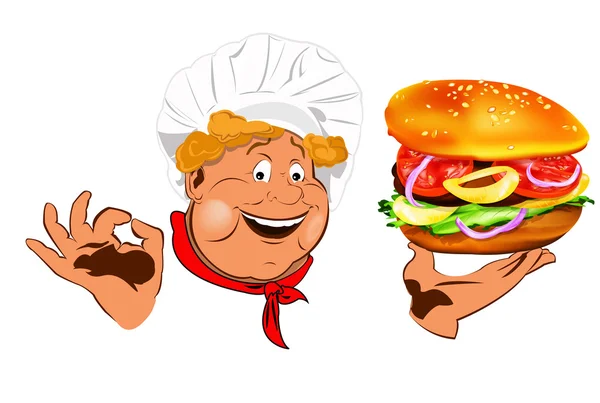 Grappige chef-kok en beste grote traditionele hamburger — Stockfoto