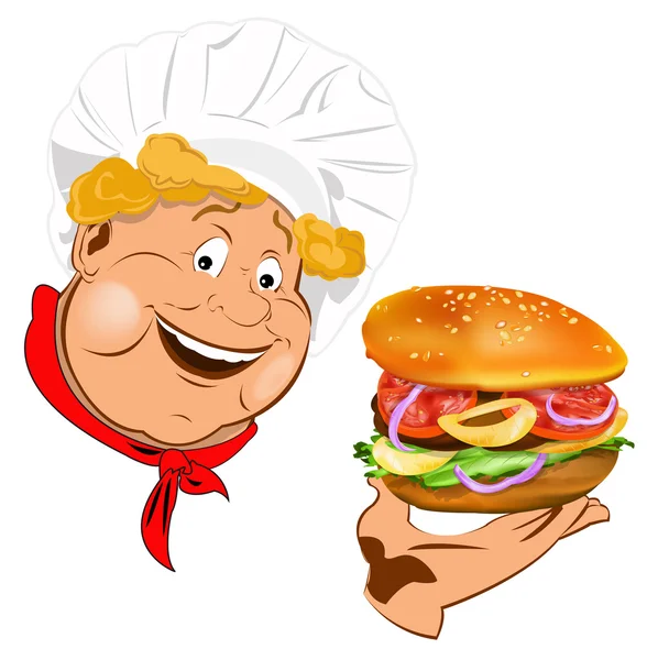 Grappige chef-kok en beste grote traditionele hamburger.vector — Stockvector