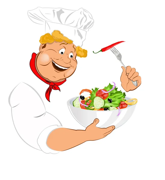 Legrační kuchař a nejlepší vegetariánské zeleninové čerstvý salát — Stock fotografie