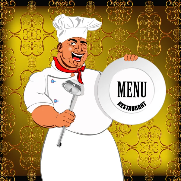 Eastern Chef and big plate on a abstract decorative background — Stock Photo, Image