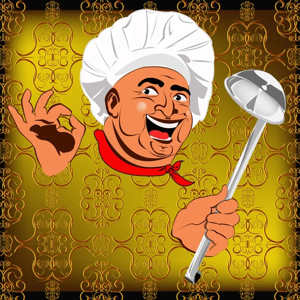 Eastern Chef and big spoon on a abstract decorative background — Stock Photo, Image