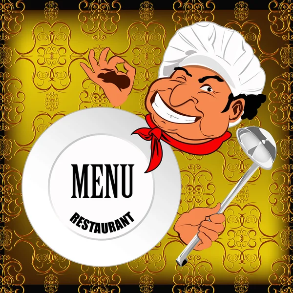 Східний шеф-кухар і велика тарілка на абстрактному декоративному фоні — стокове фото