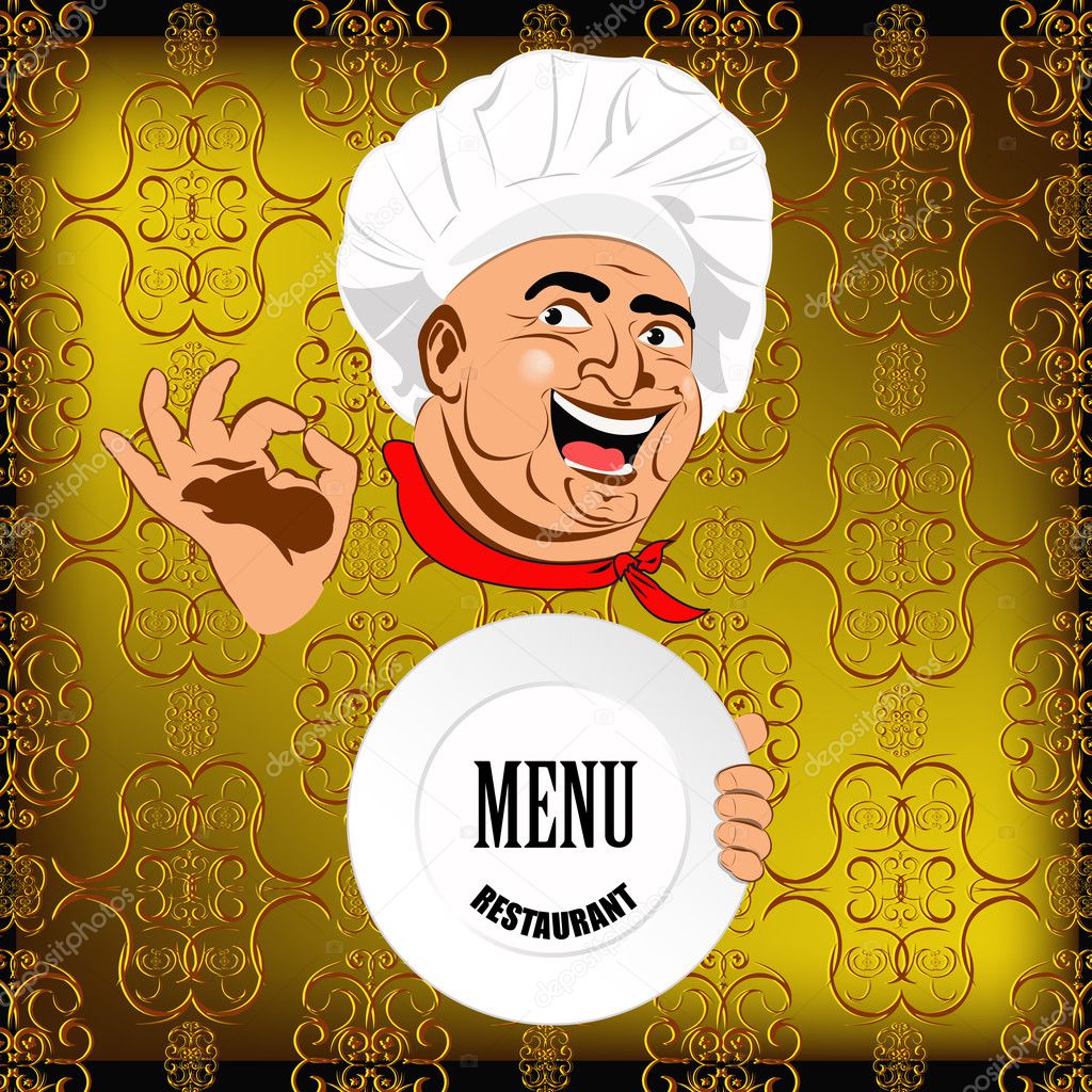 Eastern Chef and big plate on a abstract decorative background