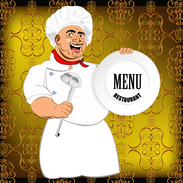 Східний шеф-кухар і велика тарілка на абстрактному декоративному фоні. Вектор — стоковий вектор