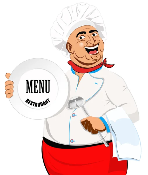 Chef oriental et grande assiette sur fond blanc. Vecteur — Image vectorielle