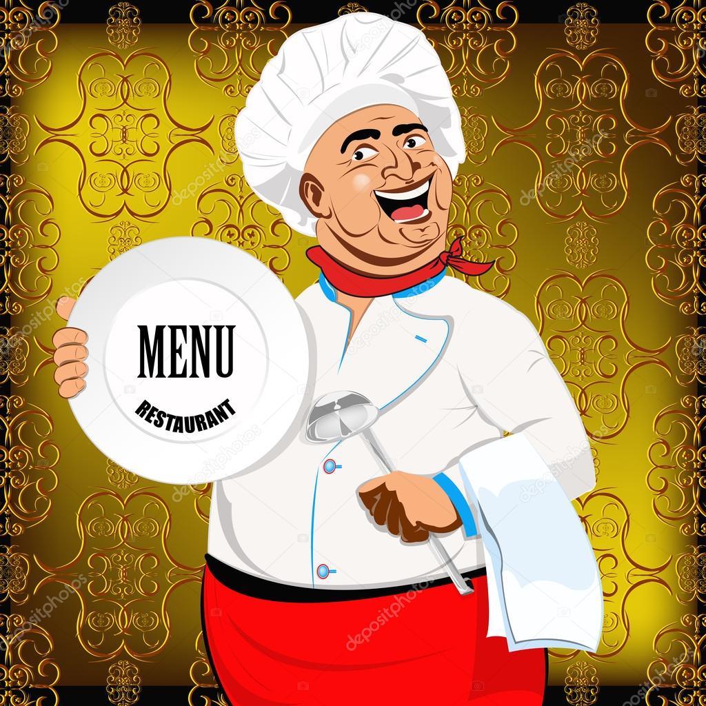 Eastern Chef and big plate on a abstract decorative background.Vector