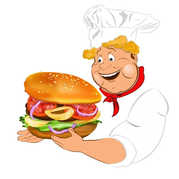 재미 있는 요리사와 가장 큰 전통적인 햄버거 — 스톡 사진
