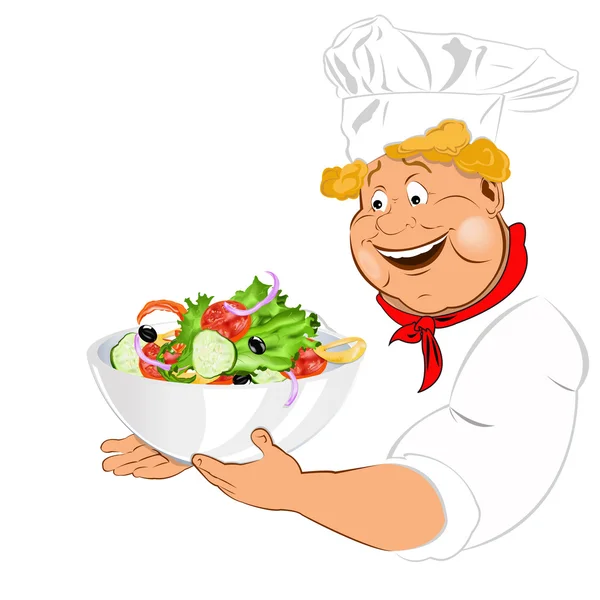 Legrační kuchař a velký talíř s zeleninový salát — Stock fotografie