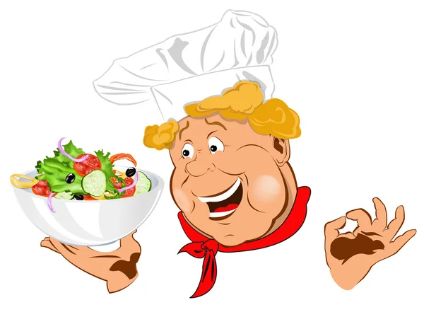 Funny Chef and big plate with fresh vegetable salad — Stock Photo, Image