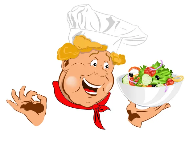 Chef divertido y plato grande con ensalada de verduras frescas. Vector — Vector de stock