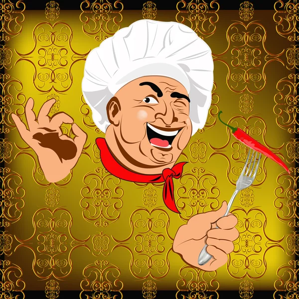 Chef oriental y chile pimiento rojo sobre un fondo dorado abstracto. Vector — Vector de stock