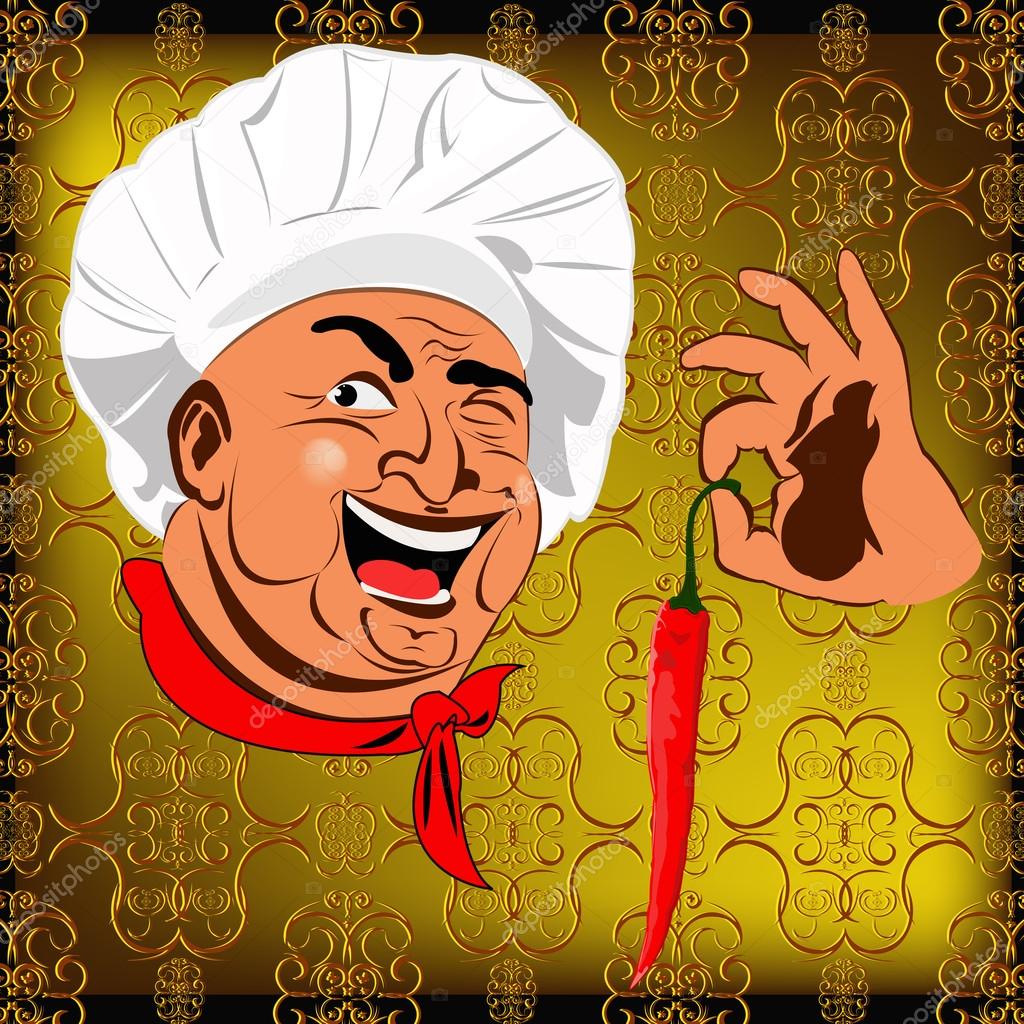 Eastern Chef and red pepper chilli on a abstract golden background.Vector