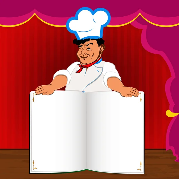 Смешной шеф-повар и книжное меню для гурманов в ресторане интерьера — стоковое фото