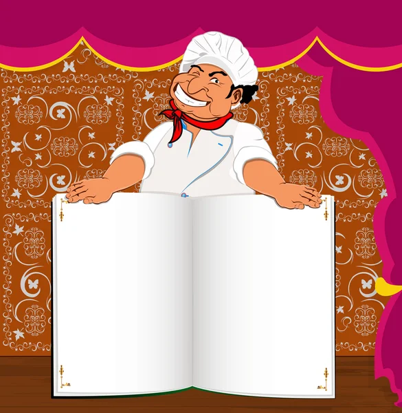 Funny Chef and book menu for Gourmet in interior restaurant — Stock Photo, Image