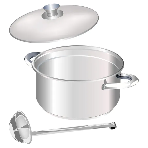 Saucepan and big spoon on a white background — Stock Photo, Image