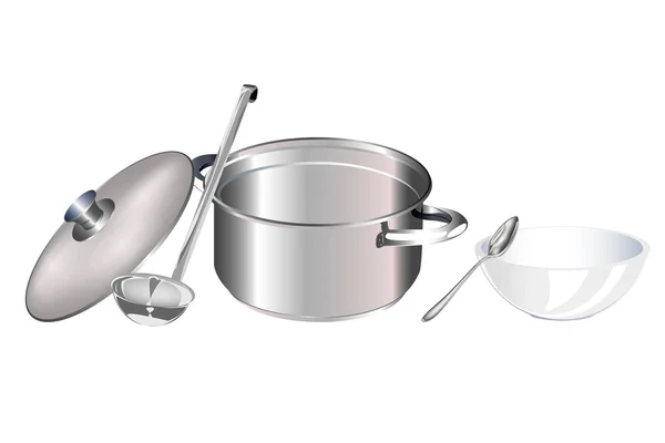 Saucepan and big spoon on a white background — Stock Photo, Image