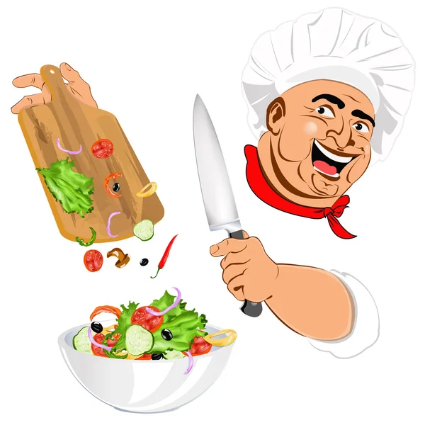Grappige chef-kok en vers fruit salade voor vegetarische fijnproevers — Stockvector