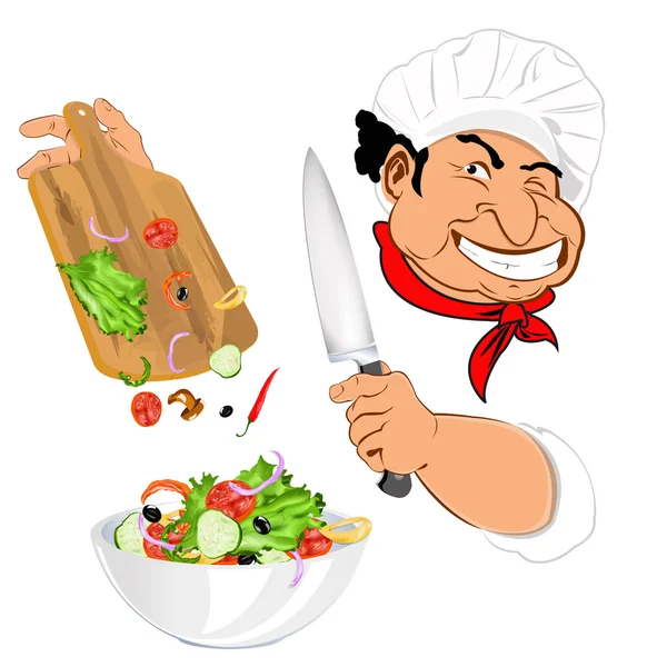 Funny Chef y ensalada de verduras frescas para vegetarianos Gourmet — Vector de stock