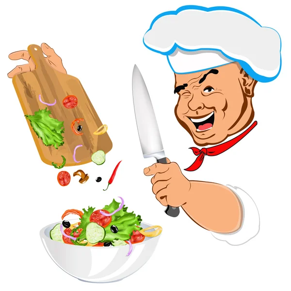 Funny Chef y ensalada de verduras frescas para vegetarianos Gourmet — Vector de stock