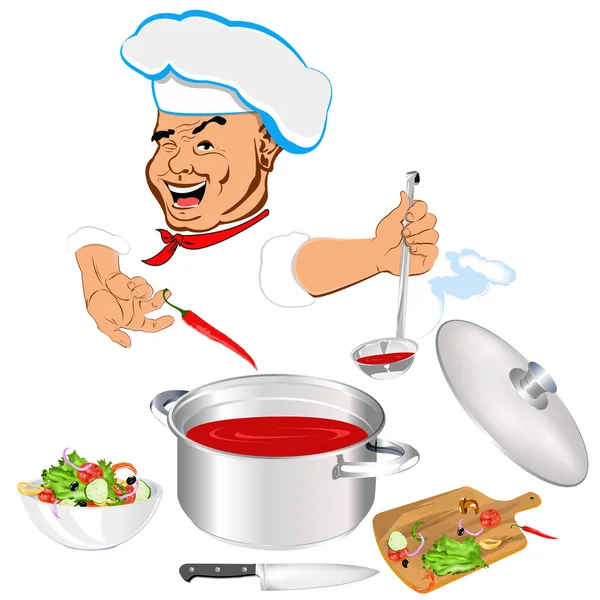 Grappige chef-kok en verse plantaardige gerechten voor fijnproevers — Stockfoto