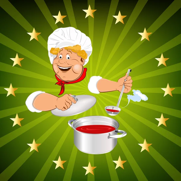 Komik aşçı ve taze yaratıcı gurme yiyecek. vektör — Stok Vektör