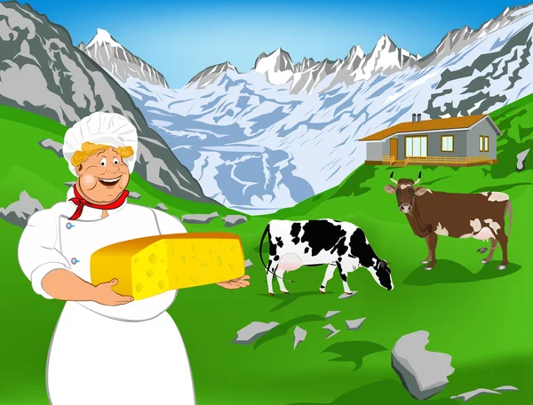 Chef e formaggio svizzero naturale da mucca con prato di alpi — Foto Stock