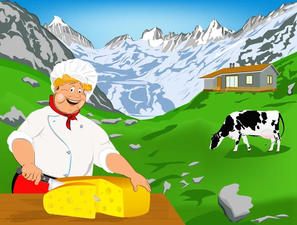 Chef e formaggio svizzero naturale da mucca con prato di alpi — Foto Stock