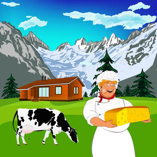 Grappige chef-kok en natuurlijke zuivel gatenkaas met Alpen bergen weide — Stockfoto