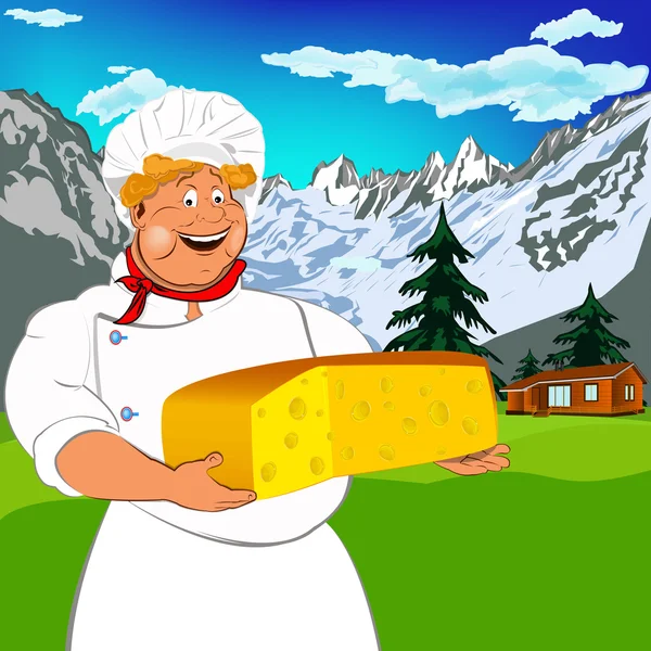 Funny Chef and Natural swiss dairy cheese with alps mountains meadow — Stock Photo, Image