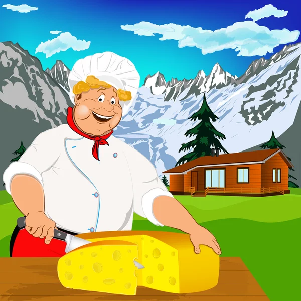 Αστεία σεφ και γαλακτοκομικών φυσικό ελβετικό τυρί με Άλπεις Όρη Λιβάδι — Φωτογραφία Αρχείου